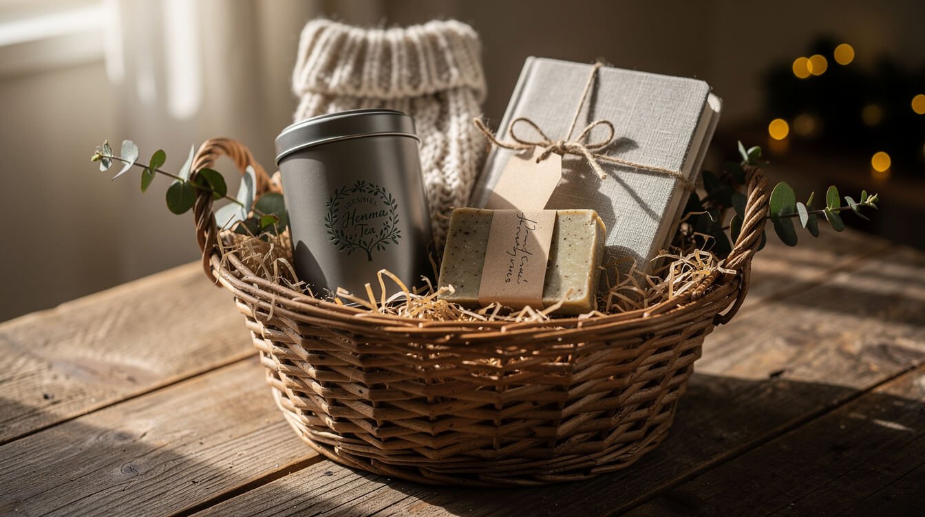 Cesta de regalo de bienestar con té de hierbas, calcetines de lana, jabón natural, un diario y eucalipto.