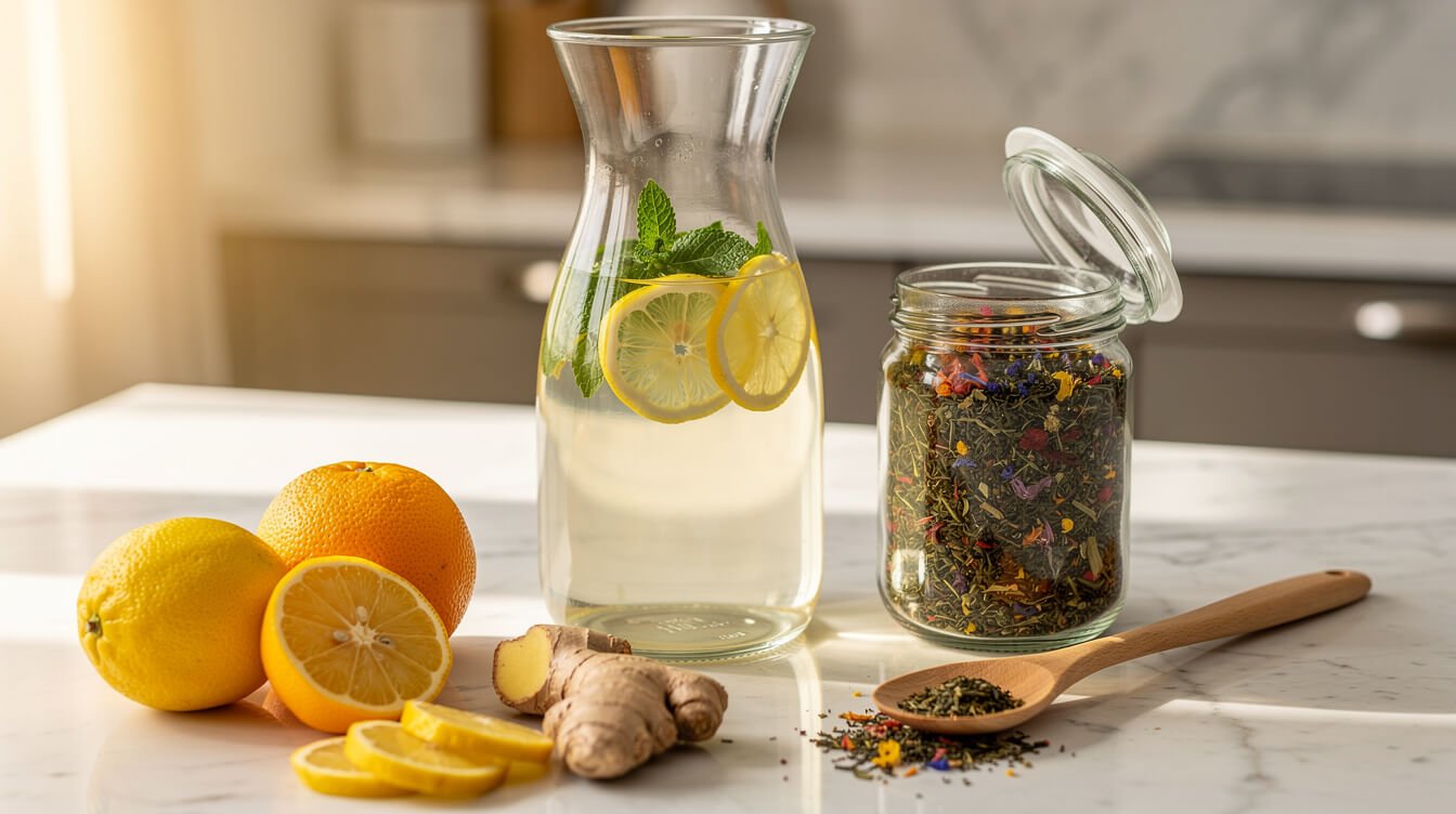 Regalos de bienestar para la cocina: una jarra de agua con limón y menta, té de hierbas a granel y jengibre fresco.