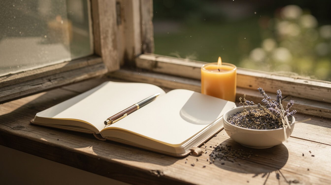 Regalos para el bienestar consciente: un diario de gratitud abierto, una vela de cera de abeja y lavanda seca en el alféizar de la ventana.