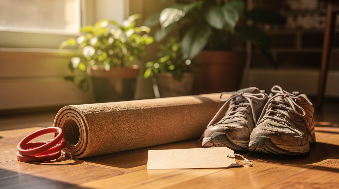 Regalos de bienestar para personas activas: una esterilla de yoga de corcho, una banda de resistencia y zapatos para caminar.