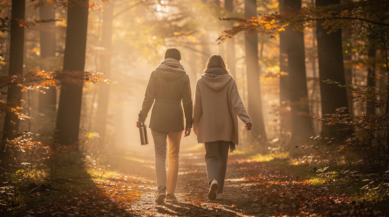Regalo para disfrutar del bienestar: dos amigos paseando por un sendero brumoso en un bosque otoñal con un termo.
