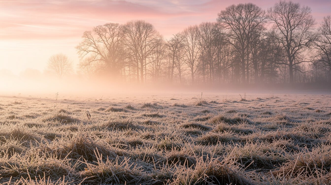 Suave amanecer invernal sobre un prado helado, la luz matutina que ayuda a regular el reloj biológico.