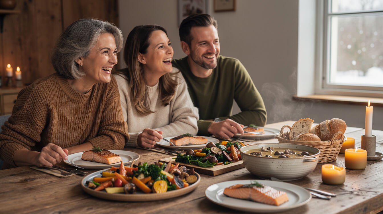 Amigos compartiendo un cálido almuerzo de invierno de salmón, sopa de champiñones y verduras.