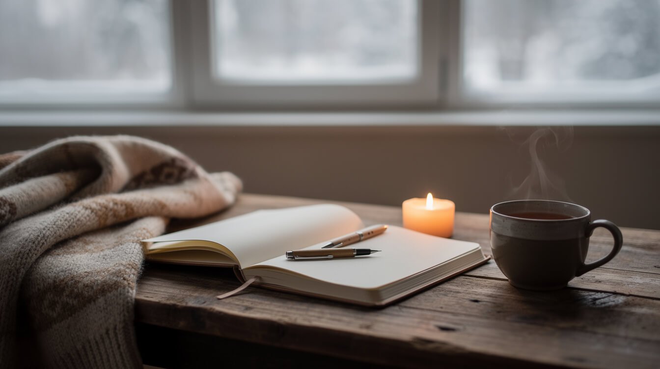 Diario y vela en un día gris de invierno, reflexionando sobre la melancolía invernal frente al trastorno afectivo estacional.