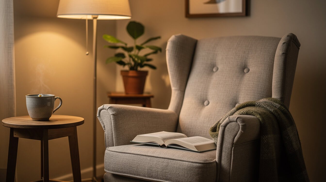 Un acogedor rincón de lectura vespertino con luz de lámpara ámbar y té de manzanilla para relajarse en un tranquilo día de invierno.