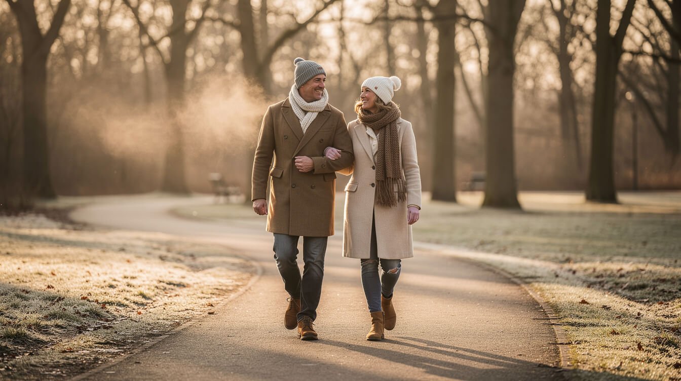 Una pareja da un enérgico paseo matutino bajo el sol invernal para aliviar la melancolía del invierno.