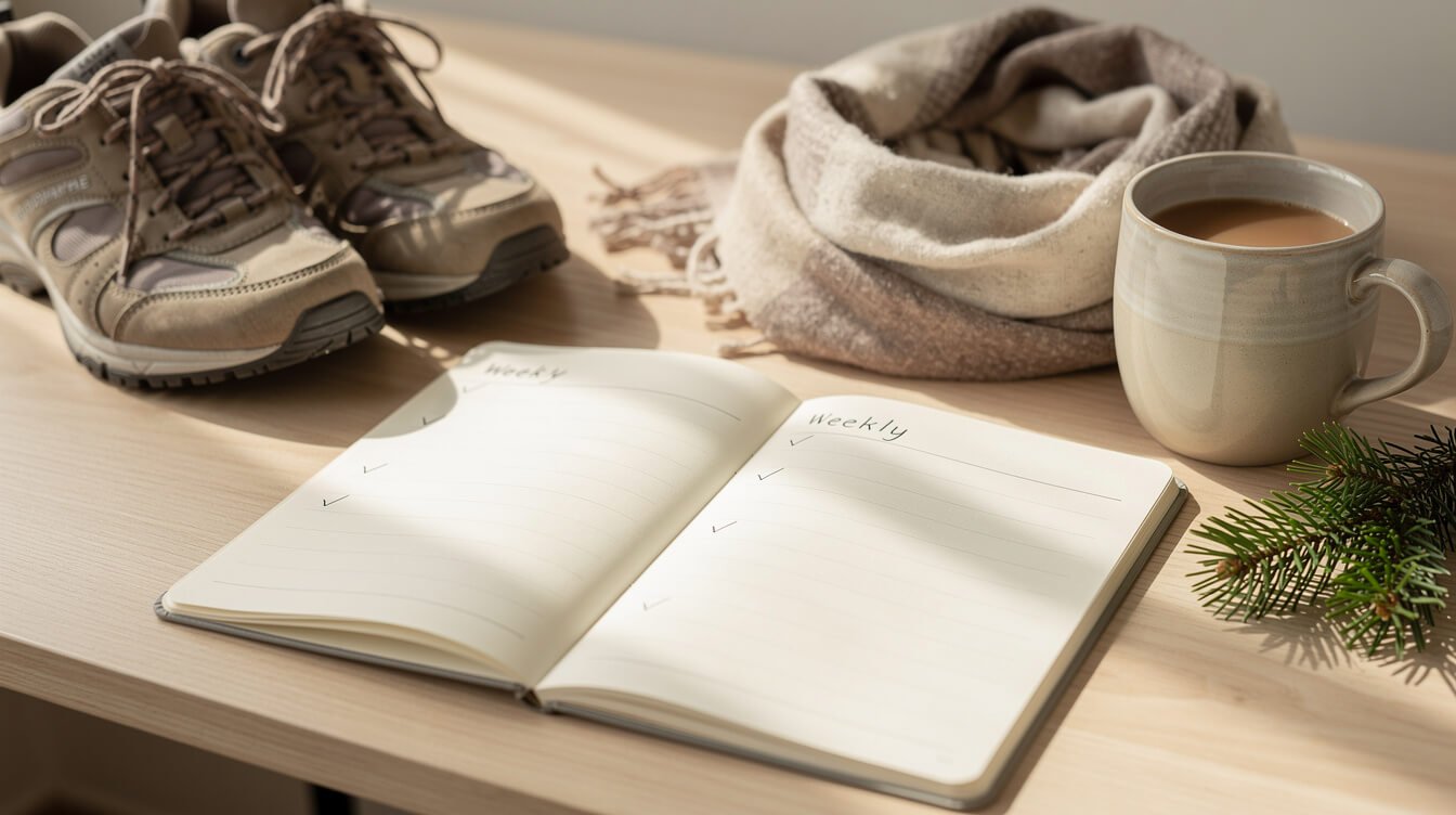 Agenda semanal con marcas de verificación, zapatos para caminar y una taza para combatir la melancolía invernal durante 7 días.